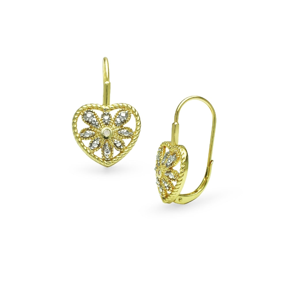 Yellow Gold Flashed Sterling Silver Heart Filigree Flower Diamond Accent Leverback Drop Earrings, JK-I3