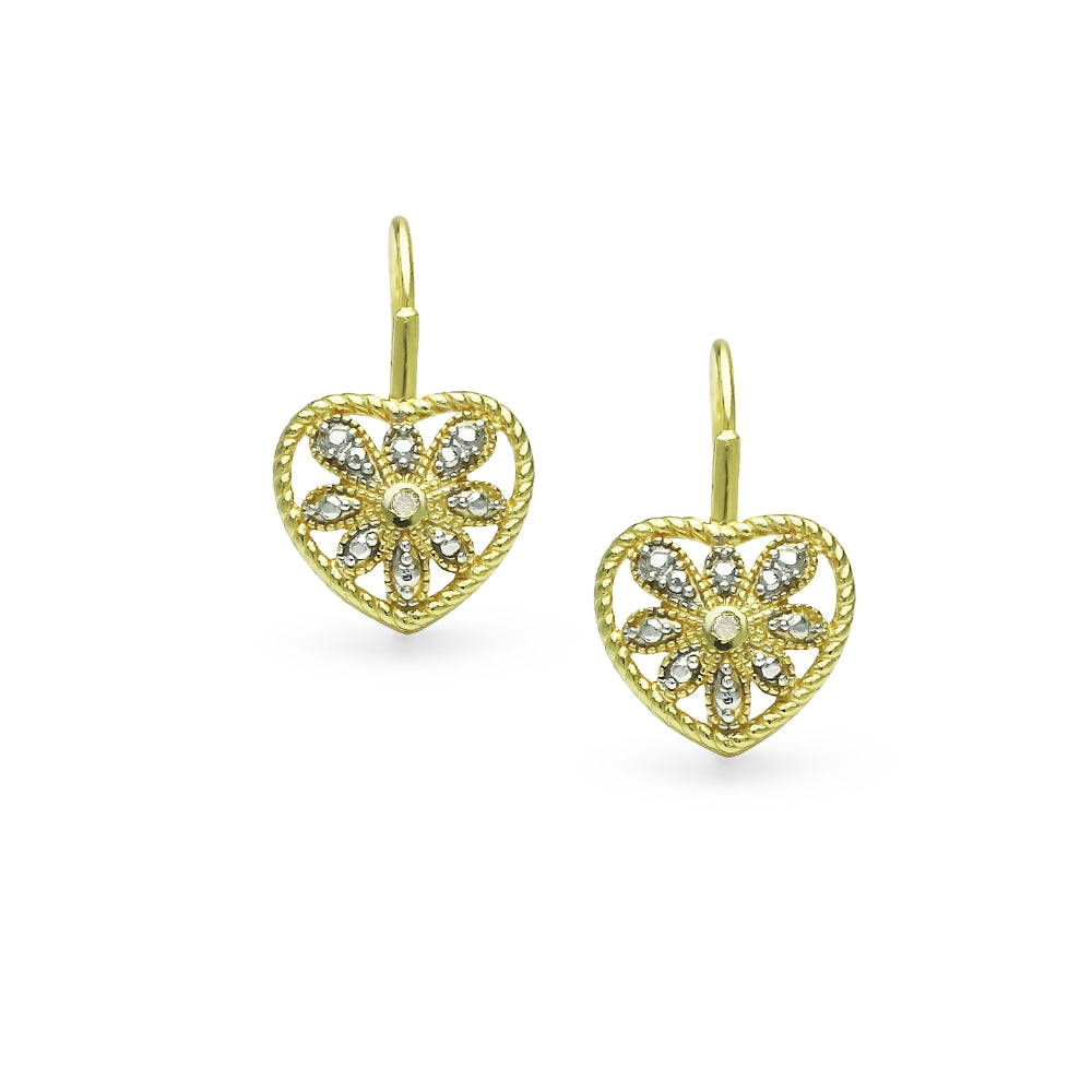 Yellow Gold Flashed Sterling Silver Heart Filigree Flower Diamond Accent Leverback Drop Earrings, JK-I3-2