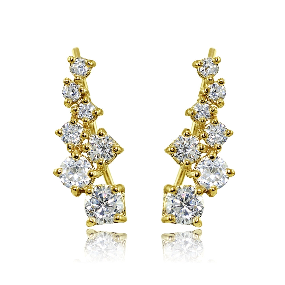 Yellow Gold Flashed Sterling Silver Cubic Zirconia Graduating Climber Crawler Earrings