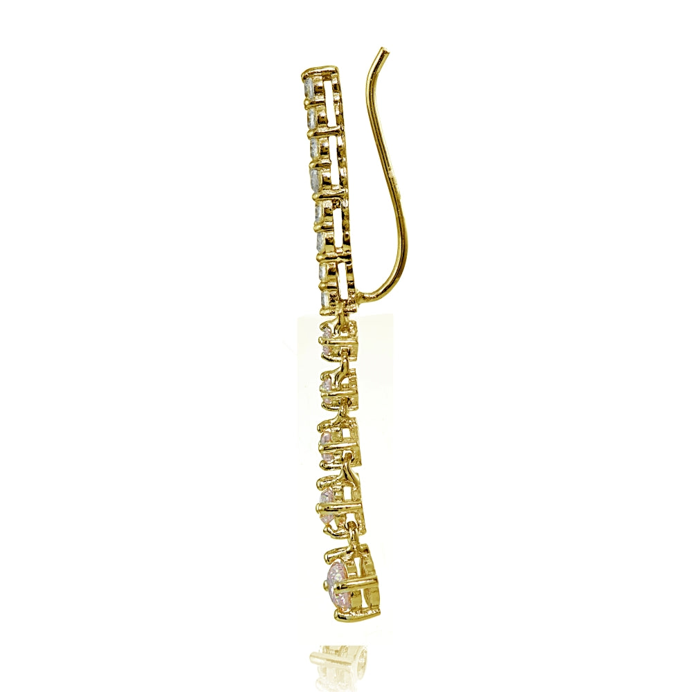 Yellow Gold Flashed Sterling Silver Round Champagne Cubic Zirconia Climber Crawler Dangle Earrings-2