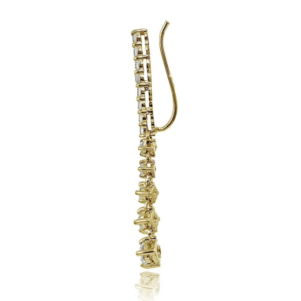 Yellow Gold Flashed Sterling Silver Round Cubic Zirconia Climber Crawler Dangle Earrings-2