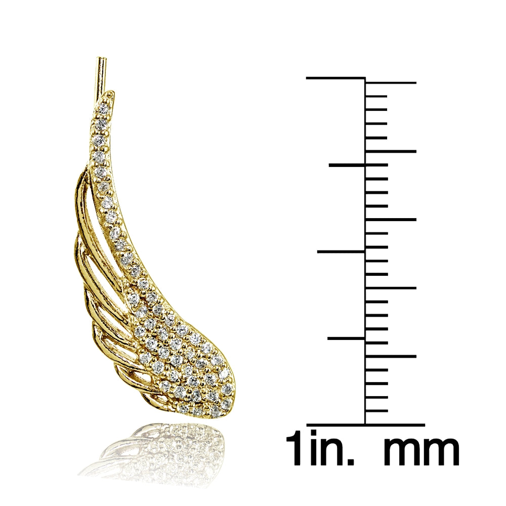 Yellow Gold Flashed Sterling Silver Cubic Zirconia Angel Wings Climber Crawler Earrings-2