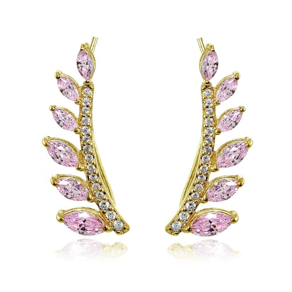 Yellow Gold Flashed Sterling Silver Light Pink and Clear Cubic Zirconia Leaf Climber Crawler Earrings