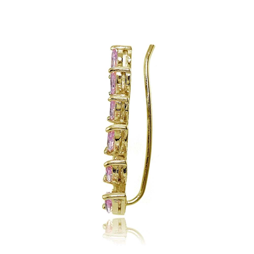 Yellow Gold Flashed Sterling Silver Light Pink and Clear Cubic Zirconia Leaf Climber Crawler Earrings-2