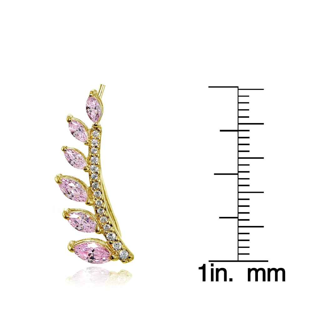 Yellow Gold Flashed Sterling Silver Light Pink and Clear Cubic Zirconia Leaf Climber Crawler Earrings-3