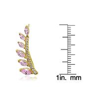 Yellow Gold Flashed Sterling Silver Light Pink and Clear Cubic Zirconia Leaf Climber Crawler Earrings