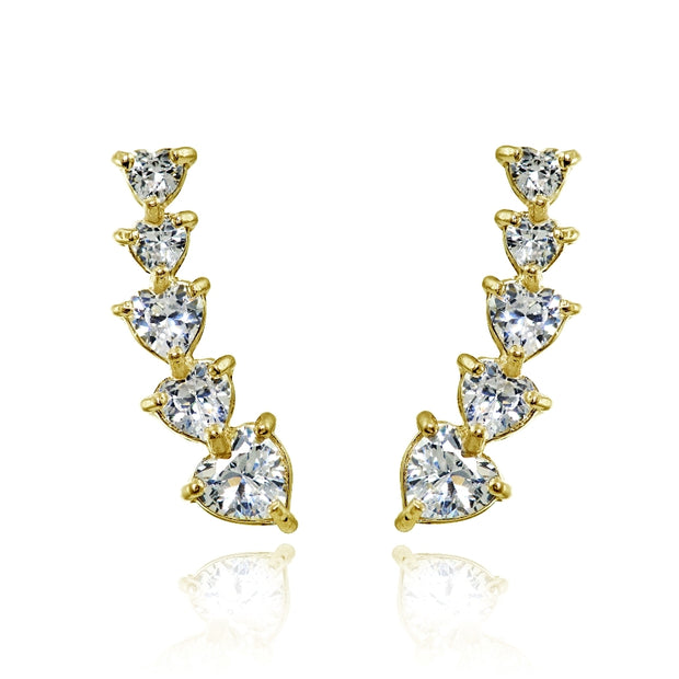 Yellow Gold Flashed Sterling Silver Heart Cubic Zirconia Curved Climber Crawler Earrings