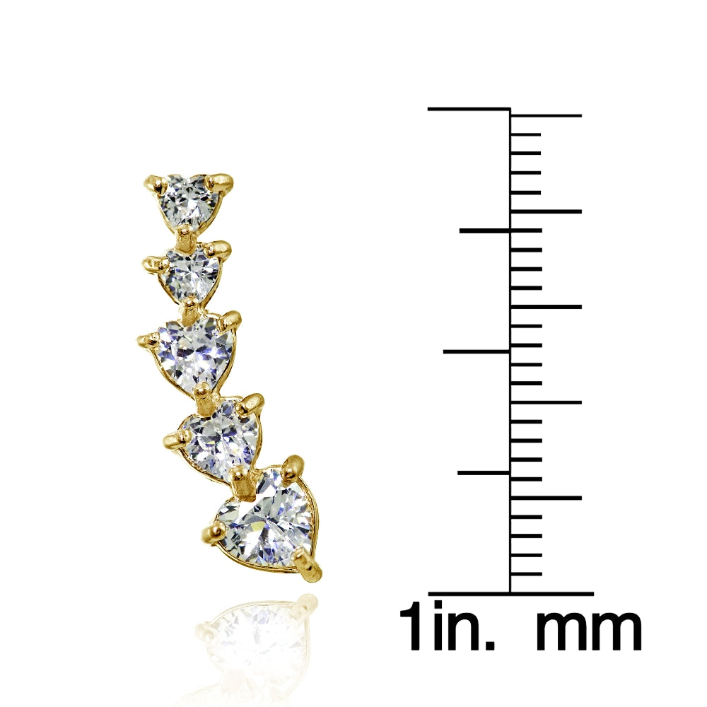 Yellow Gold Flashed Sterling Silver Heart Cubic Zirconia Curved Climber Crawler Earrings-3
