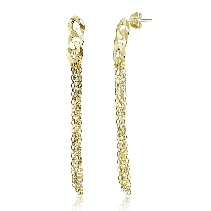 Yellow Gold Flashed Sterling Silver Flat Link and Multi-Strand Chain Drop Dangle Earrings