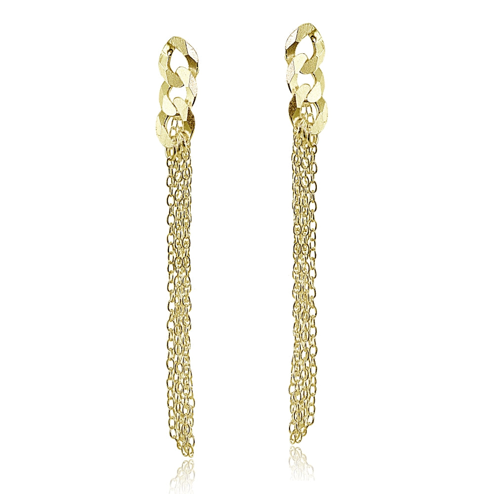 Yellow Gold Flashed Sterling Silver Flat Link and Multi-Strand Chain Drop Dangle Earrings-2