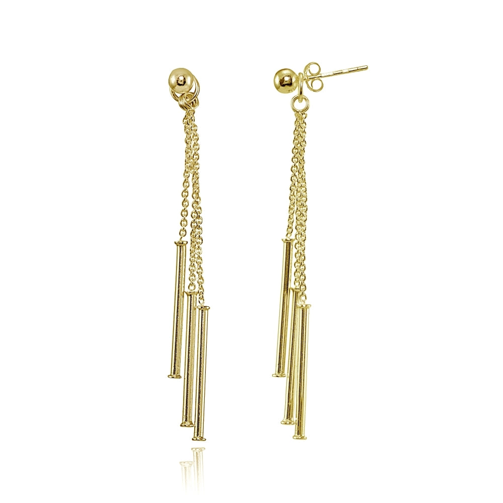 Yellow Gold Flashed Sterling Silver Bead and Multi-Strand Chain & Bar Drop Dangle Earrings