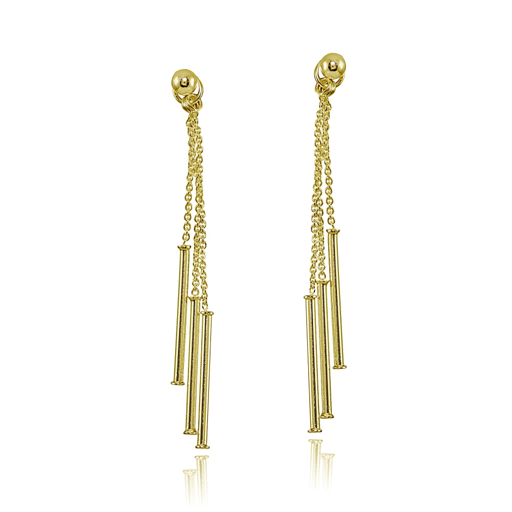 Yellow Gold Flashed Sterling Silver Bead and Multi-Strand Chain & Bar Drop Dangle Earrings-2