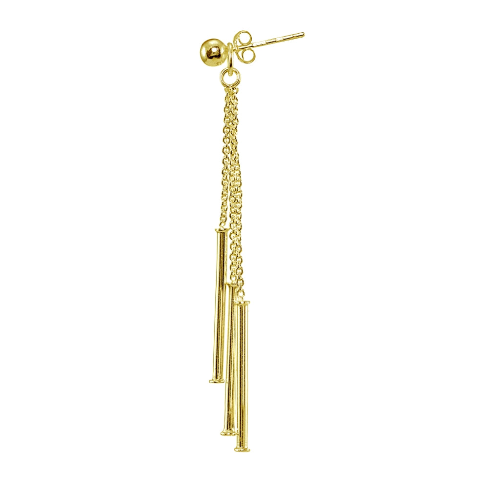 Yellow Gold Flashed Sterling Silver Bead and Multi-Strand Chain & Bar Drop Dangle Earrings-3