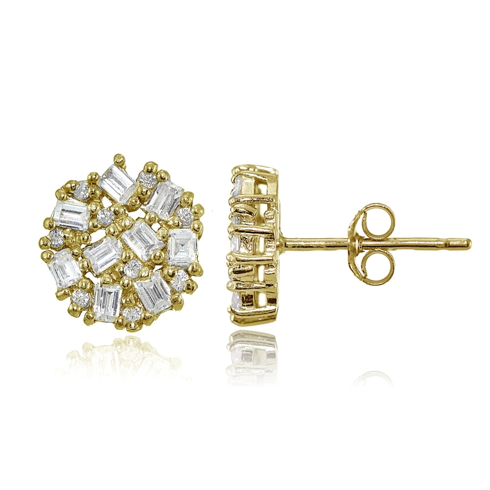 Yellow Gold Flashed Sterling Silver Baguette and Round-Cut Cubic Zirconia Cluster Round Stud Earrings