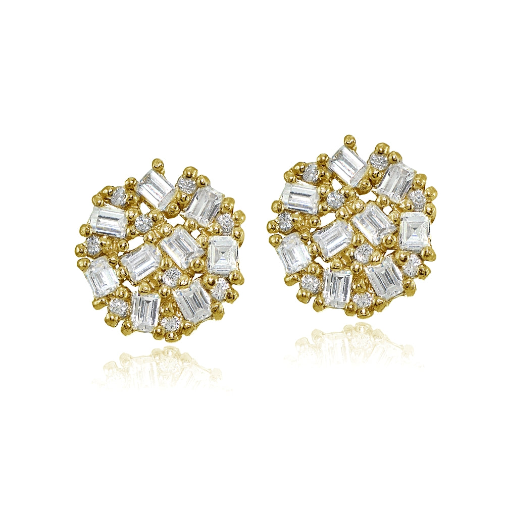 Yellow Gold Flashed Sterling Silver Baguette and Round-Cut Cubic Zirconia Cluster Round Stud Earrings-2