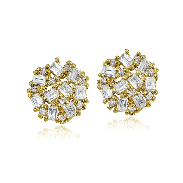 Yellow Gold Flashed Sterling Silver Baguette and Round-Cut Cubic Zirconia Cluster Round Stud Earrings