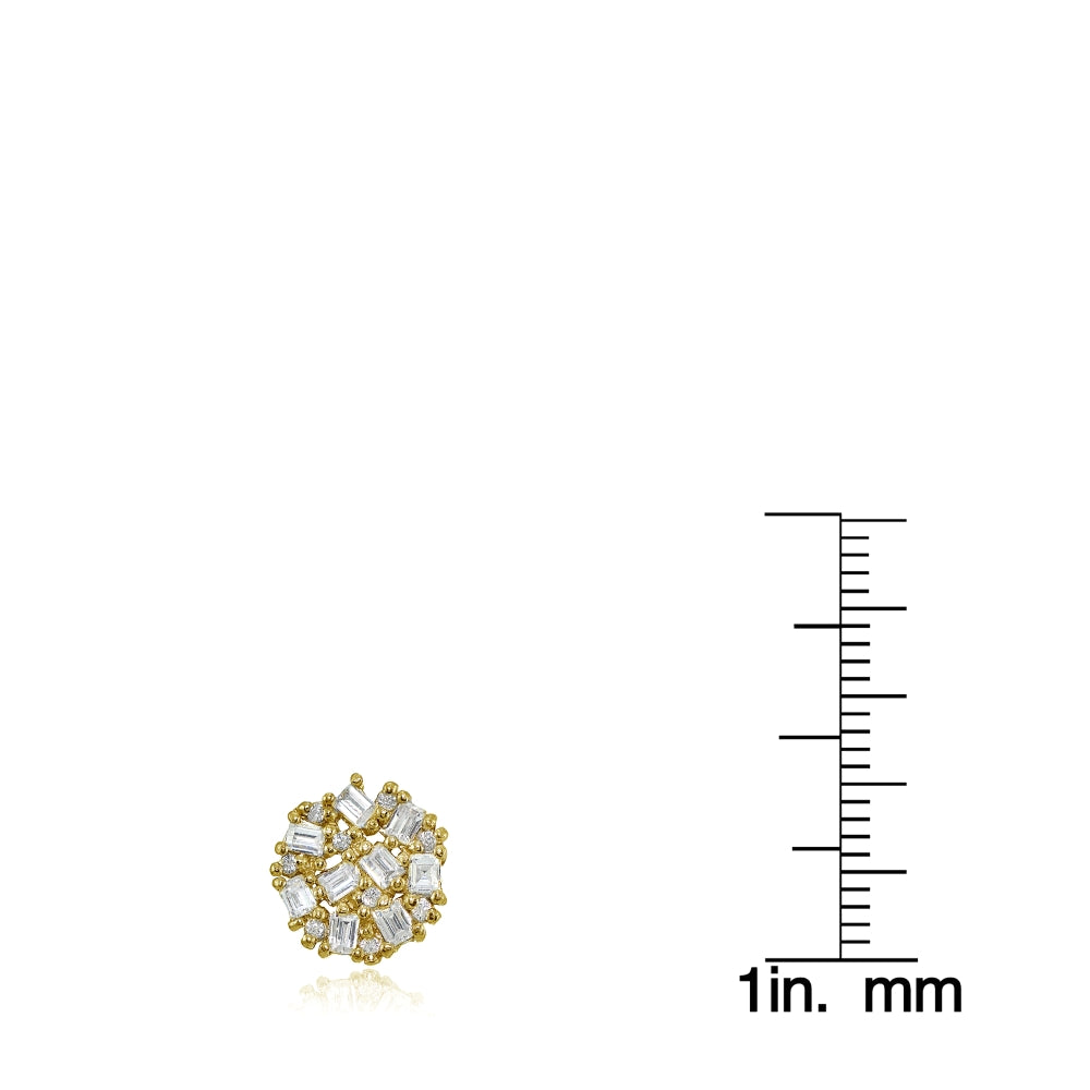 Yellow Gold Flashed Sterling Silver Baguette and Round-Cut Cubic Zirconia Cluster Round Stud Earrings-4