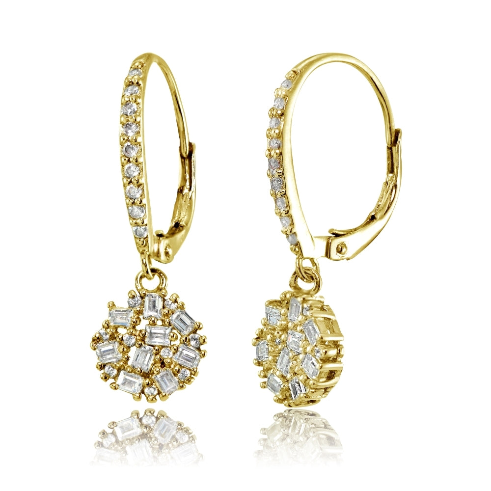 Yellow Gold Flashed Sterling Silver Baguette and Round-Cut Cubic Zirconia Cluster Round Leverback Dangle Earrings