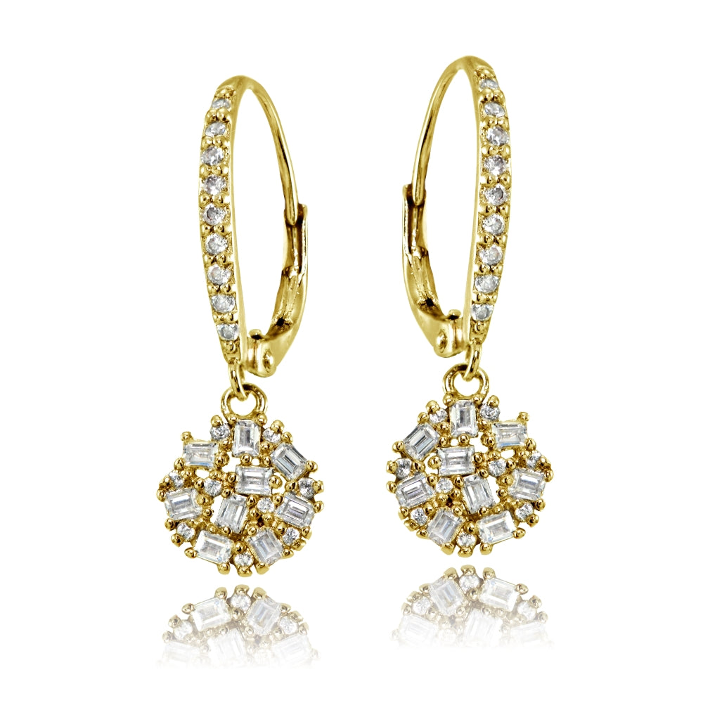 Yellow Gold Flashed Sterling Silver Baguette and Round-Cut Cubic Zirconia Cluster Round Leverback Dangle Earrings-2