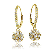 Yellow Gold Flashed Sterling Silver Baguette and Round-Cut Cubic Zirconia Cluster Round Leverback Dangle Earrings