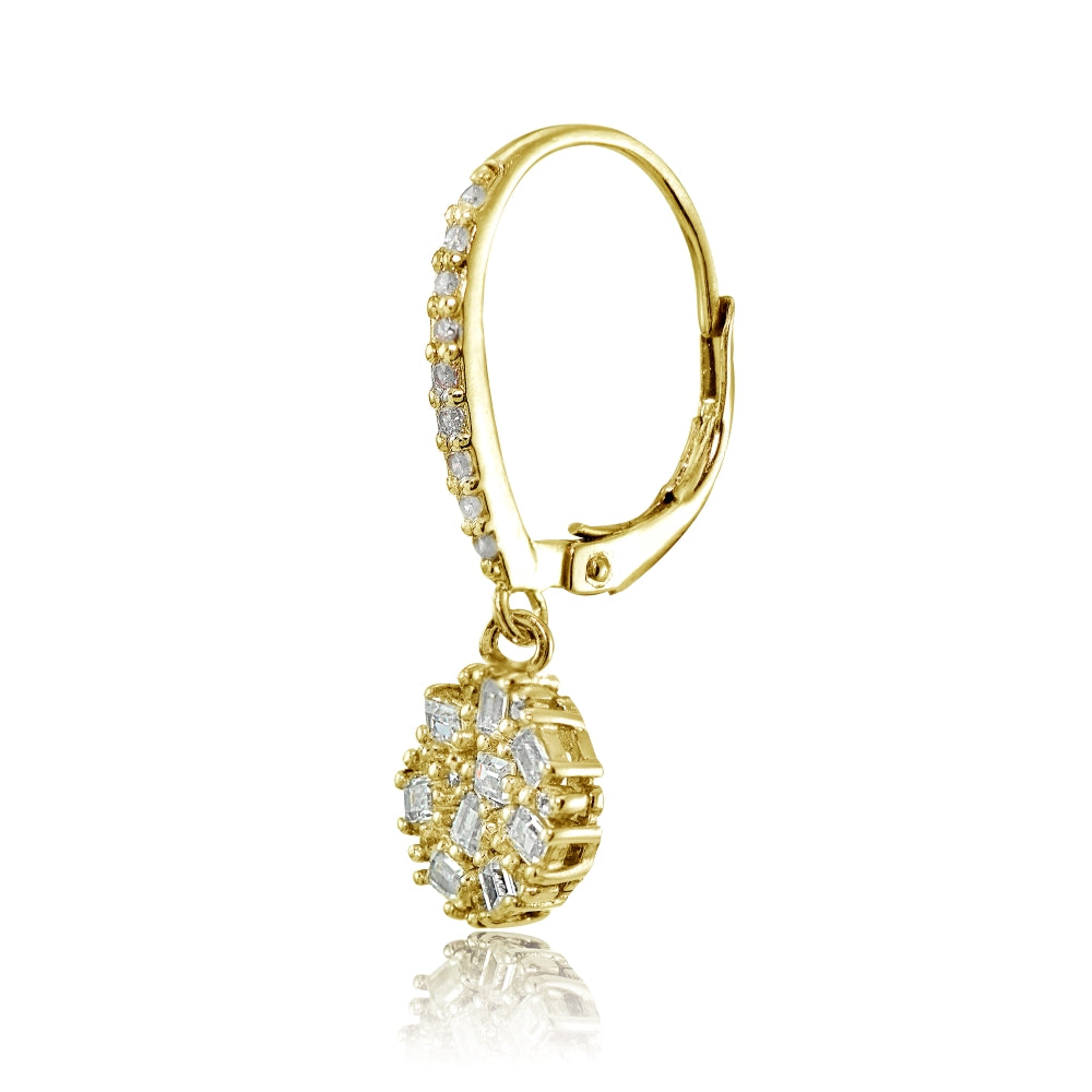 Yellow Gold Flashed Sterling Silver Baguette and Round-Cut Cubic Zirconia Cluster Round Leverback Dangle Earrings-3