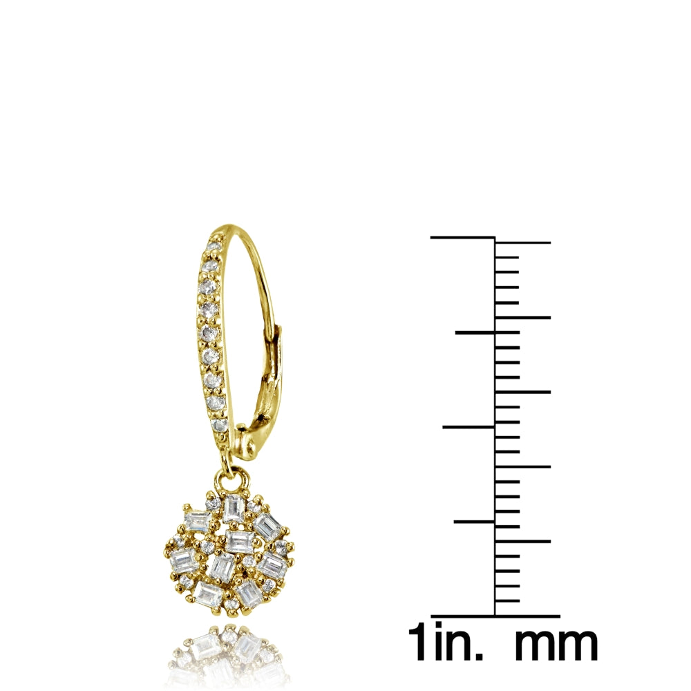 Yellow Gold Flashed Sterling Silver Baguette and Round-Cut Cubic Zirconia Cluster Round Leverback Dangle Earrings-4