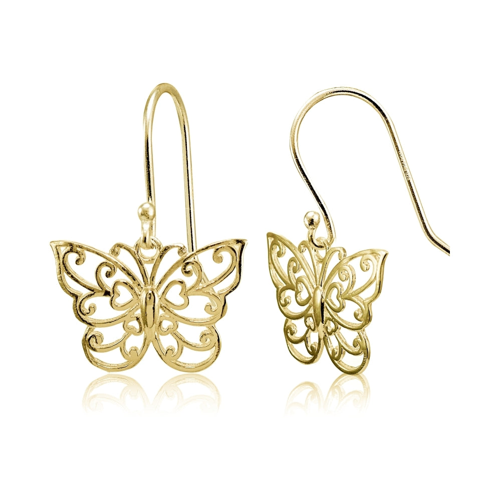 Yellow Gold Flashed Sterling Silver High Polished Filigree Butterfly Dangle Earrings