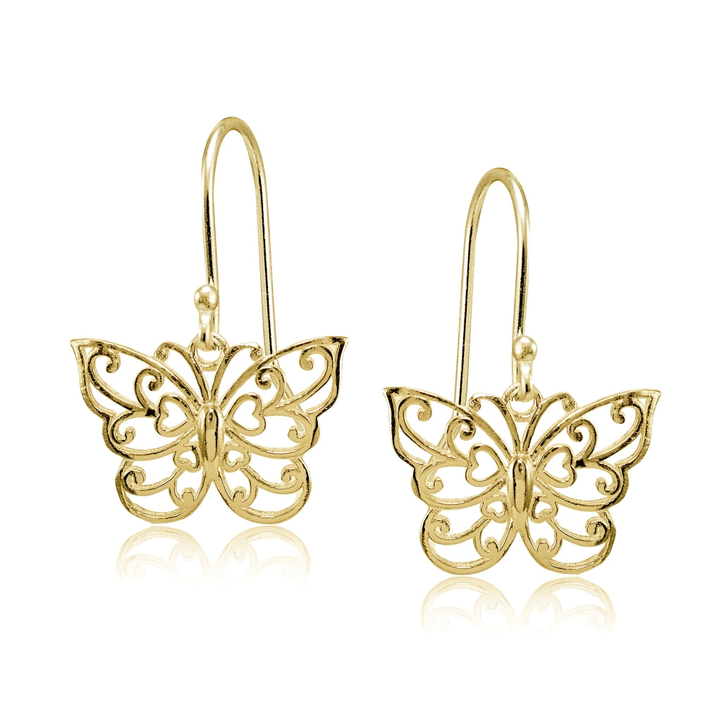 Yellow Gold Flashed Sterling Silver High Polished Filigree Butterfly Dangle Earrings-2