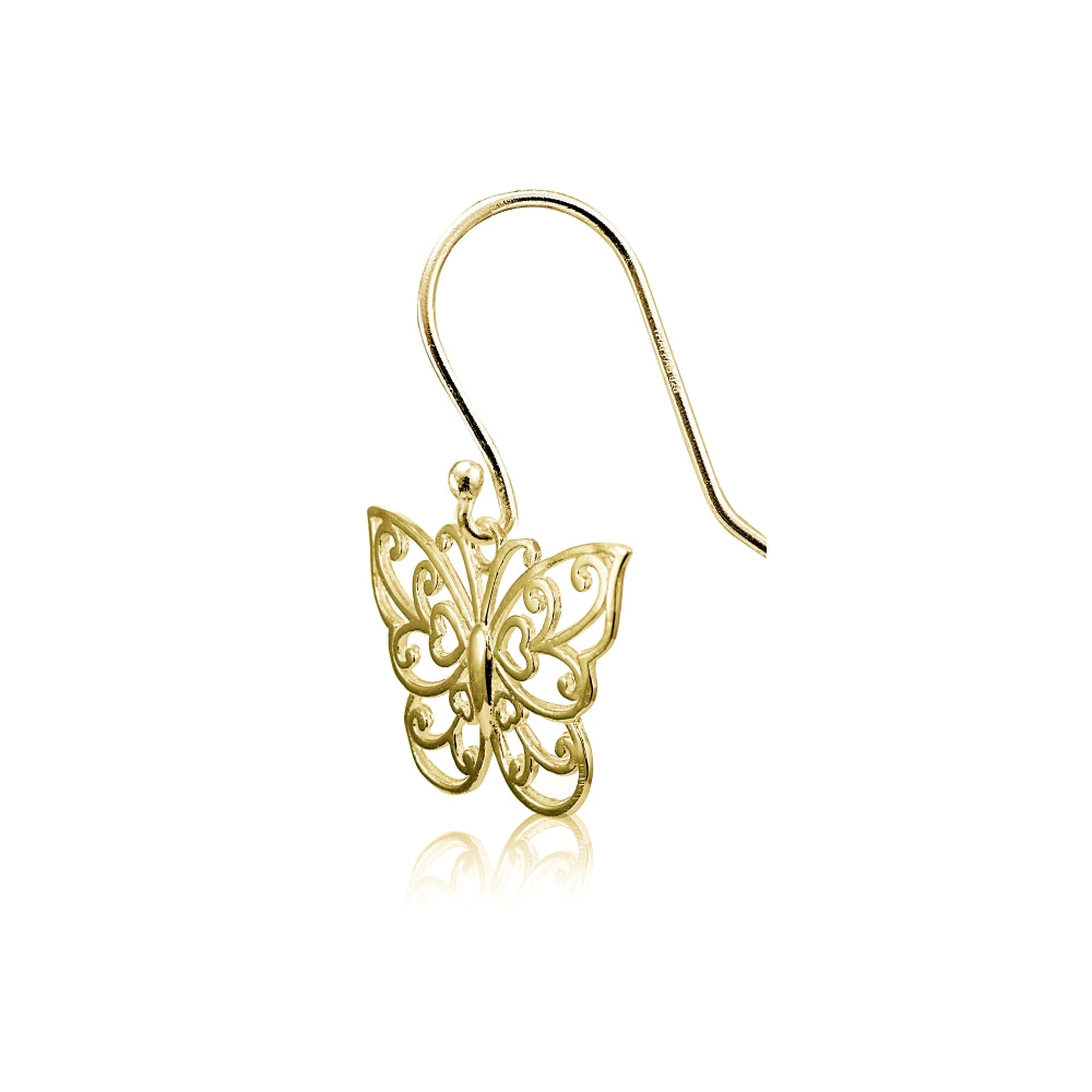 Yellow Gold Flashed Sterling Silver High Polished Filigree Butterfly Dangle Earrings-3