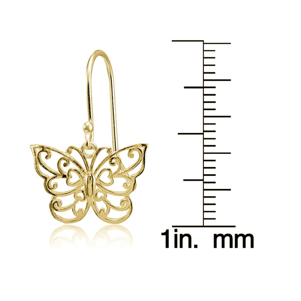 Yellow Gold Flashed Sterling Silver High Polished Filigree Butterfly Dangle Earrings