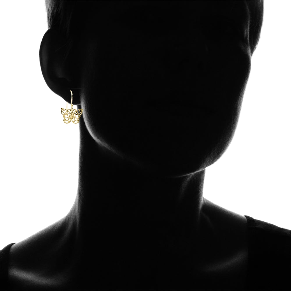 Yellow Gold Flashed Sterling Silver High Polished Filigree Butterfly Dangle Earrings-5