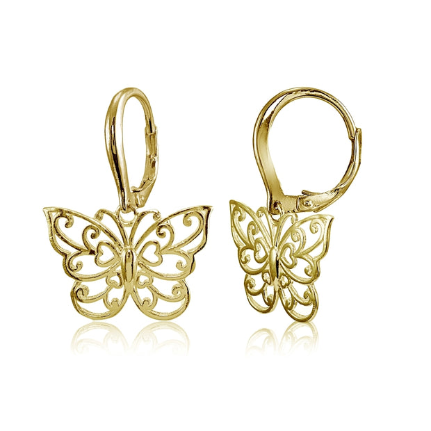 Yellow Gold Flashed Sterling Silver High Polished Filigree Butterfly Leverback Earrings