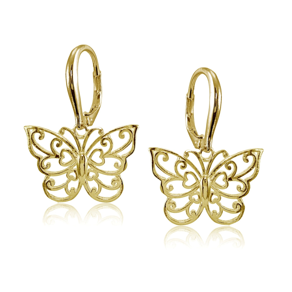 Yellow Gold Flashed Sterling Silver High Polished Filigree Butterfly Leverback Earrings-2