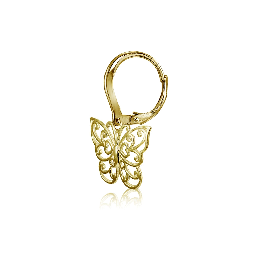 Yellow Gold Flashed Sterling Silver High Polished Filigree Butterfly Leverback Earrings-3