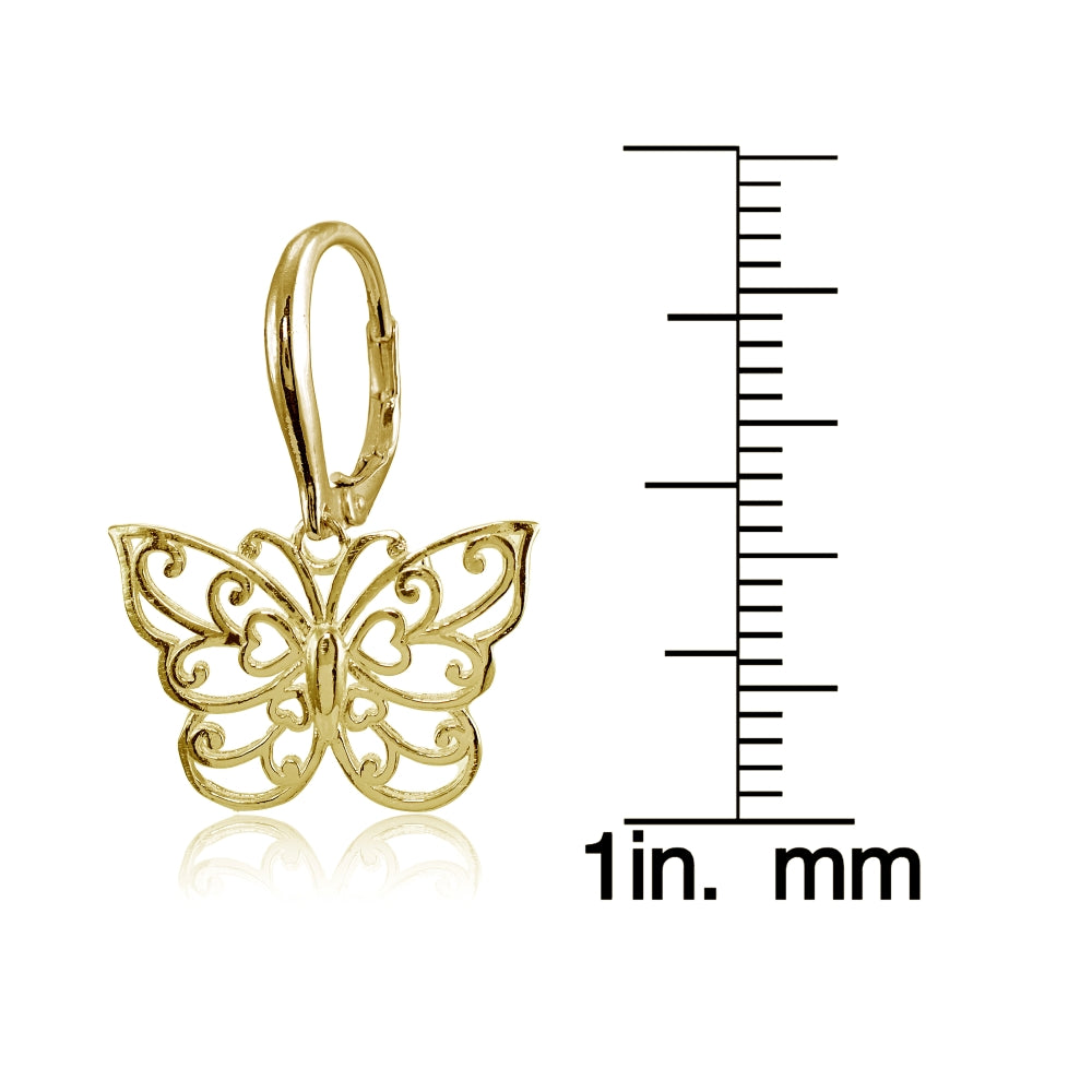 Yellow Gold Flashed Sterling Silver High Polished Filigree Butterfly Leverback Earrings-4