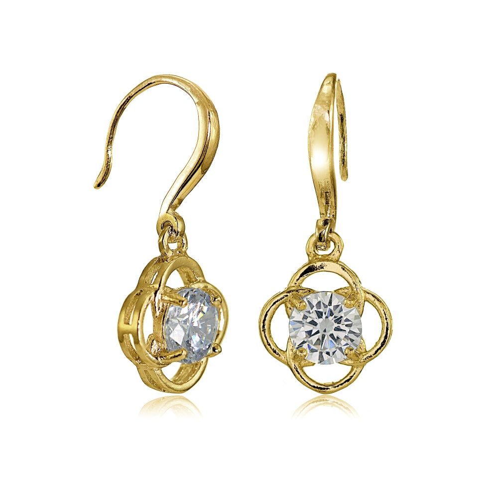 Yellow Gold Flashed Sterling Silver Cubic Zirconia Flower Knot Dangle Earrings-2