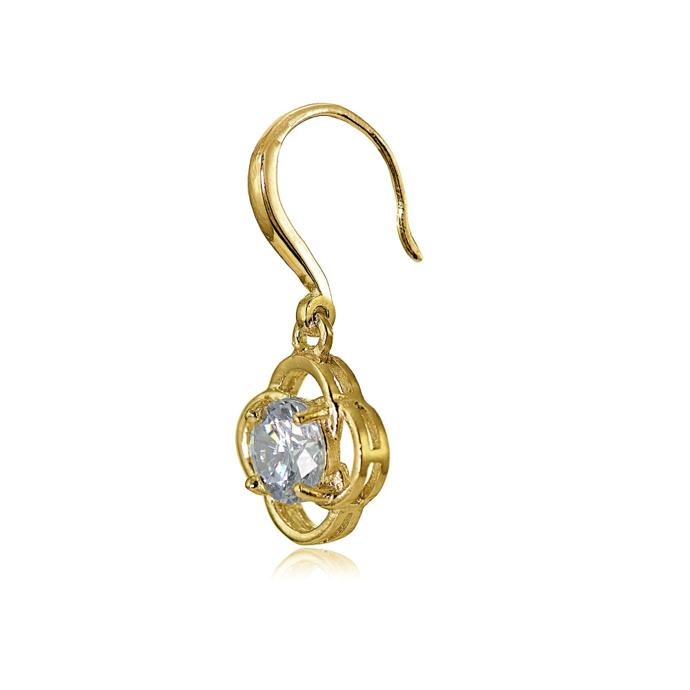 Yellow Gold Flashed Sterling Silver Cubic Zirconia Flower Knot Dangle Earrings-3