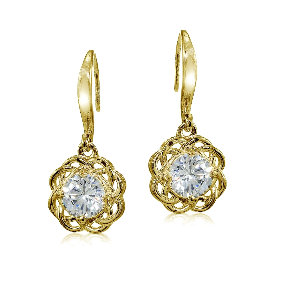 Yellow Gold Flashed Sterling Silver High Polished Cubic Zirconia Celtic Love Knot Dangle Earrings