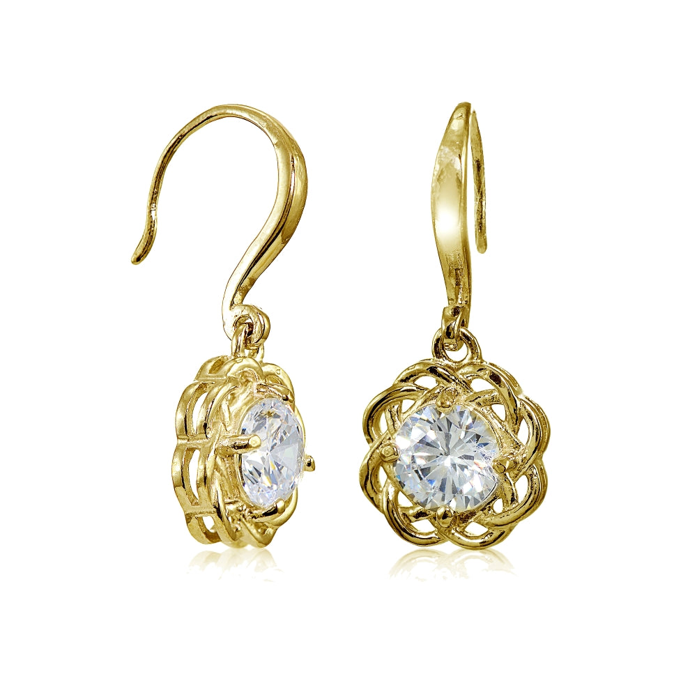 Yellow Gold Flashed Sterling Silver High Polished Cubic Zirconia Celtic Love Knot Dangle Earrings-2