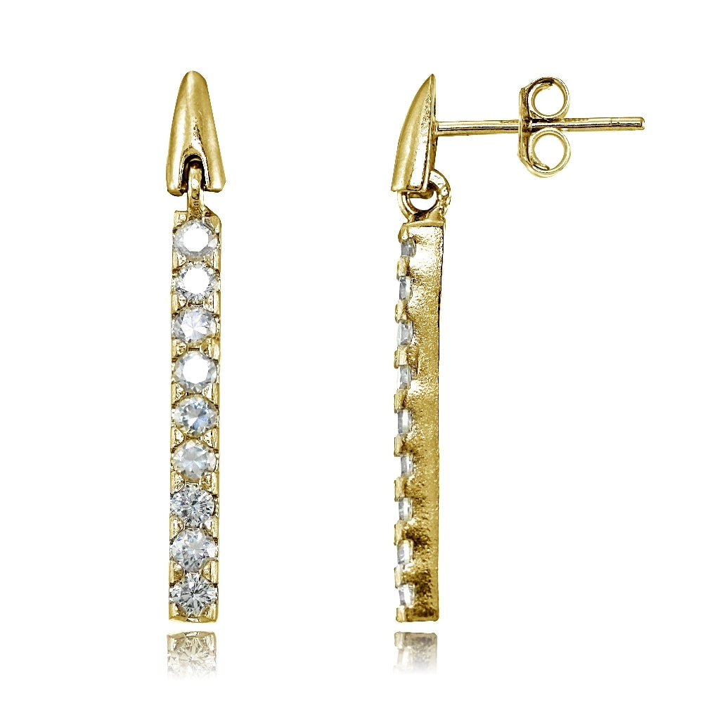 Yellow Gold Flashed Sterling Silver Cubic Zirconia Bar Dangle Drop Earrings