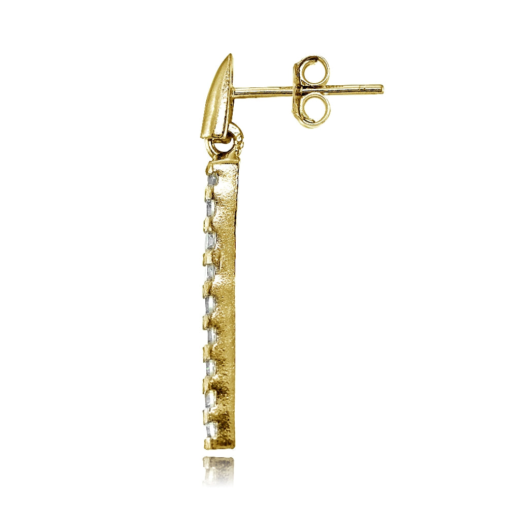 Yellow Gold Flashed Sterling Silver Cubic Zirconia Bar Dangle Drop Earrings-2