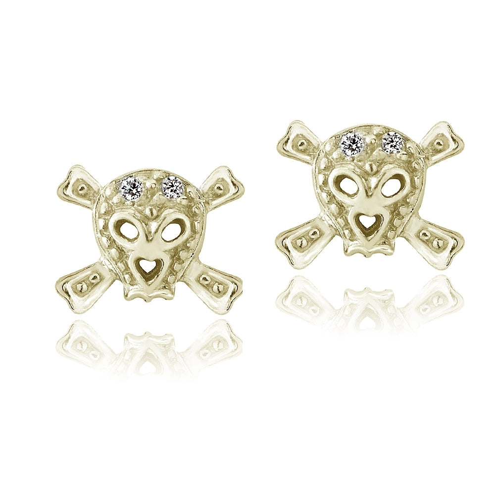 Yellow Gold Flashed Sterling Silver Cubic Zirconia Skull and Cross Bone Stud Earrings