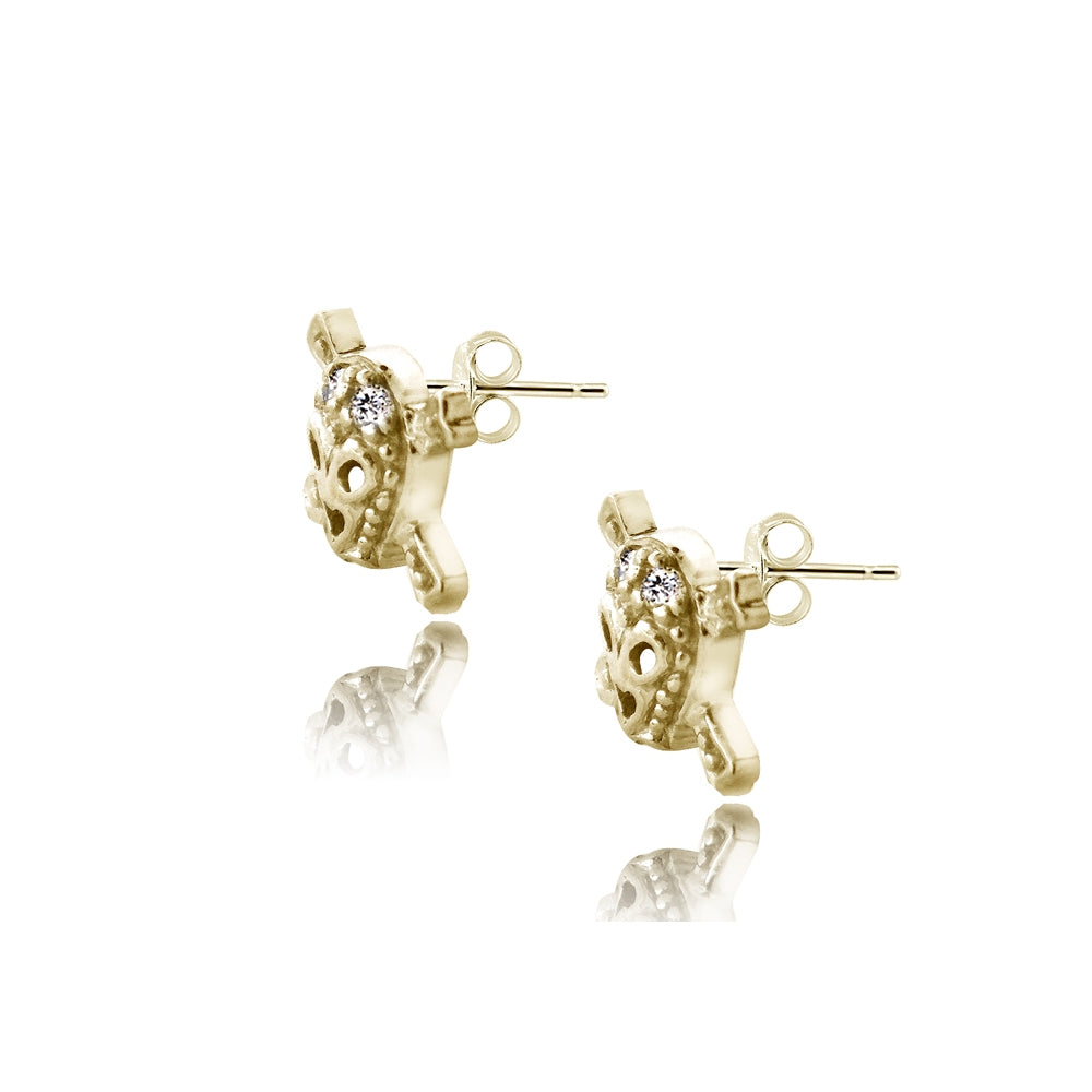 Yellow Gold Flashed Sterling Silver Cubic Zirconia Skull and Cross Bone Stud Earrings-2