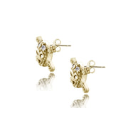 Yellow Gold Flashed Sterling Silver Cubic Zirconia Skull and Cross Bone Stud Earrings