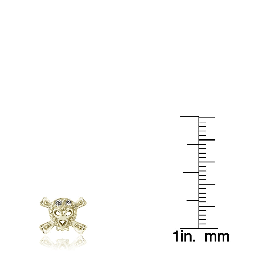 Yellow Gold Flashed Sterling Silver Cubic Zirconia Skull and Cross Bone Stud Earrings-3