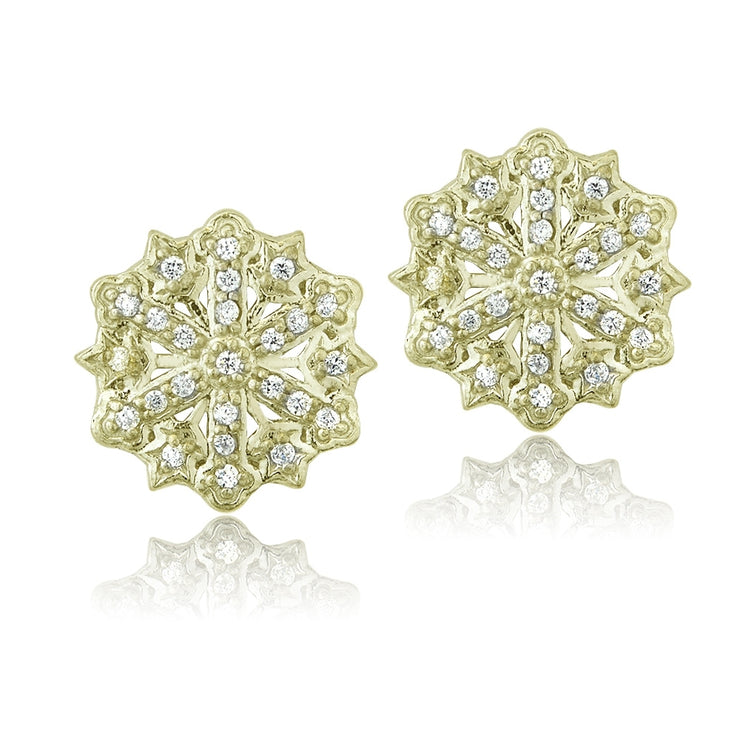 Yellow Gold Flashed Sterling Silver Cubic Zirconia Snowflake Stud Earrings