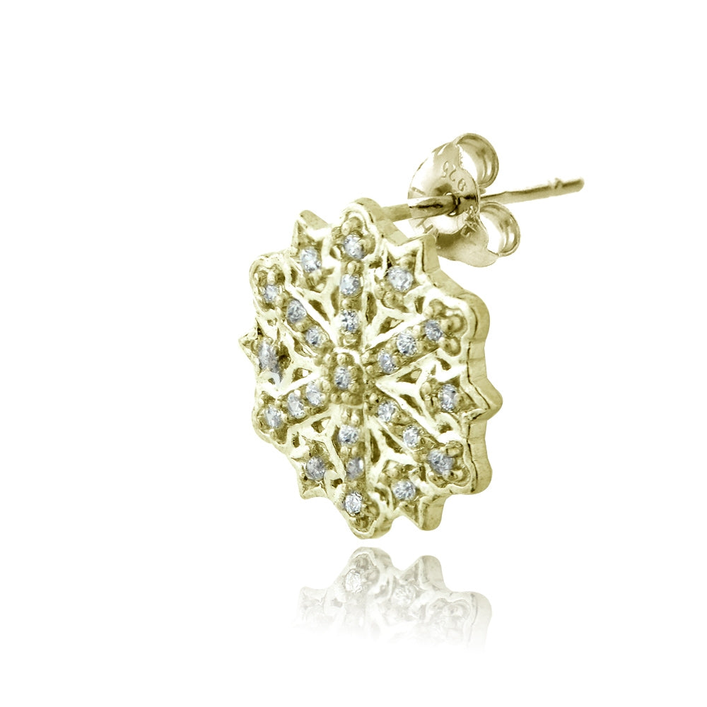 Yellow Gold Flashed Sterling Silver Cubic Zirconia Snowflake Stud Earrings-2