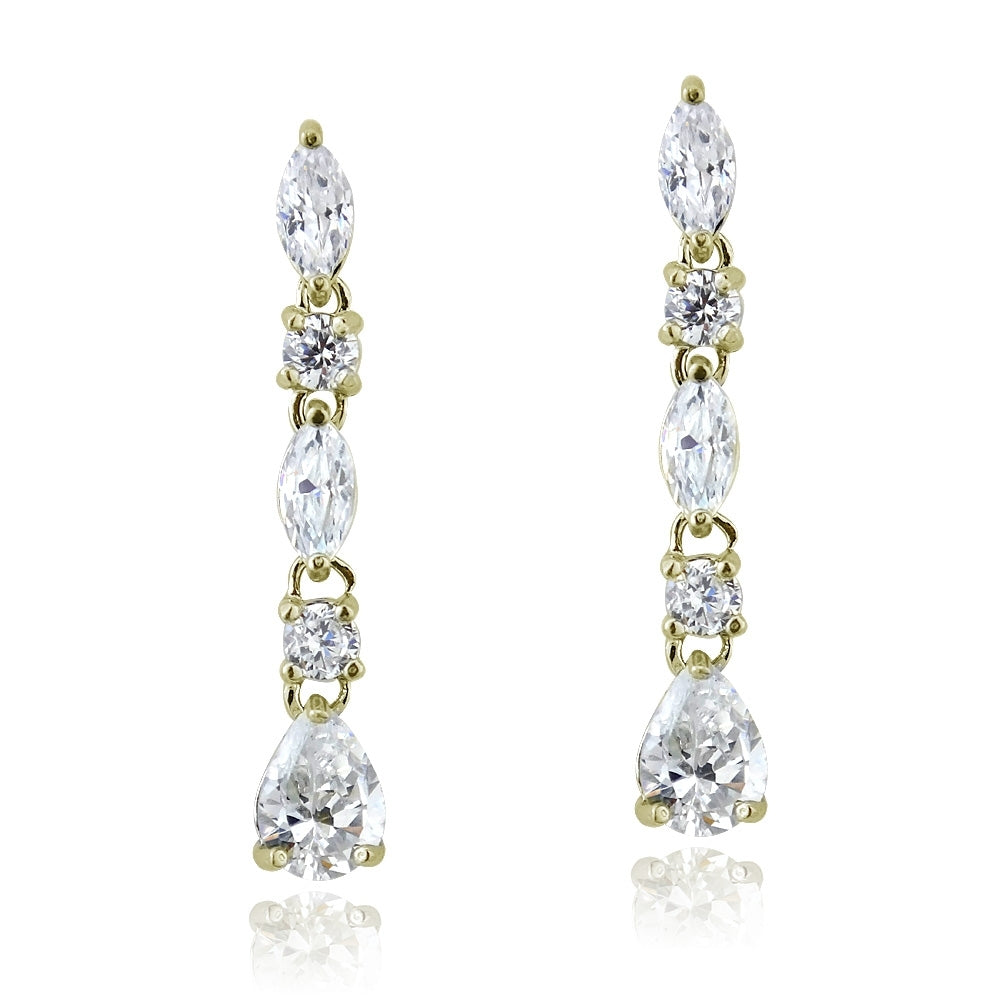 Yellow Gold Flashed Sterling Silver Cubic Zirconia Marquise Cut Dangling Earrings