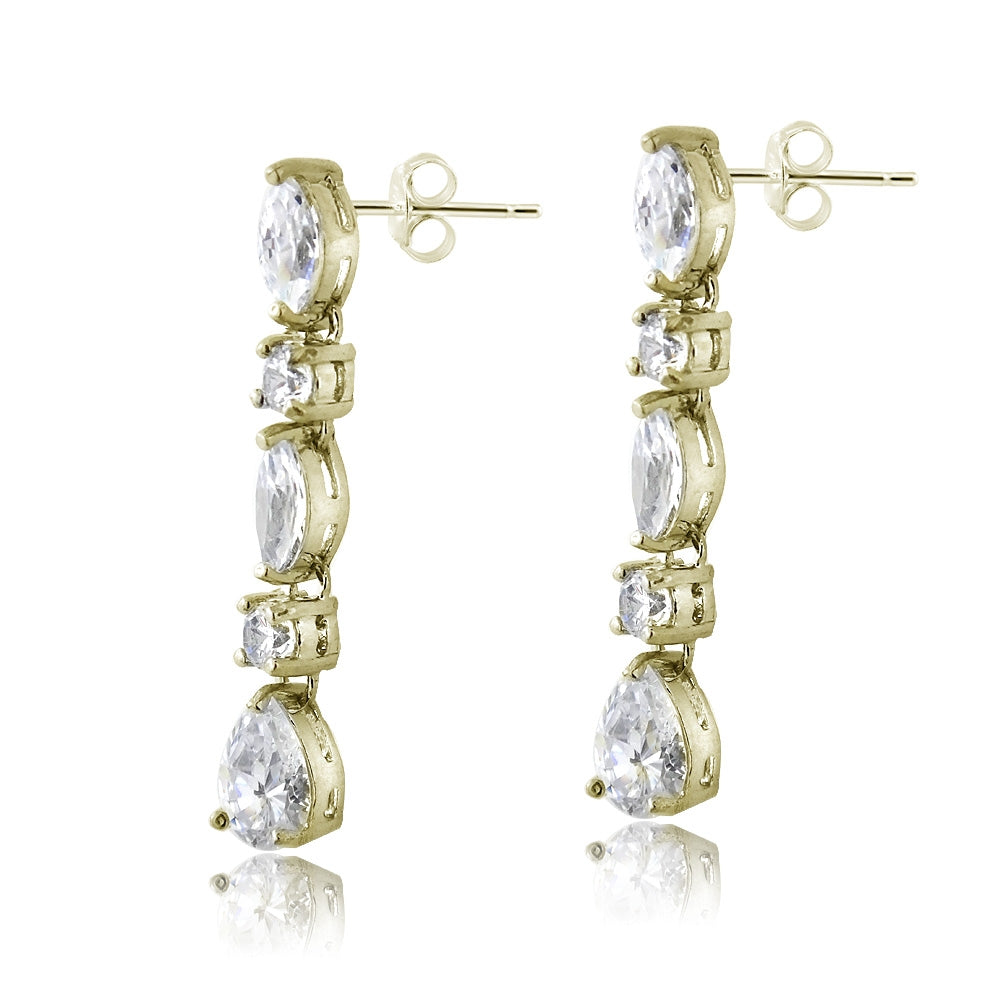 Yellow Gold Flashed Sterling Silver Cubic Zirconia Marquise Cut Dangling Earrings-2