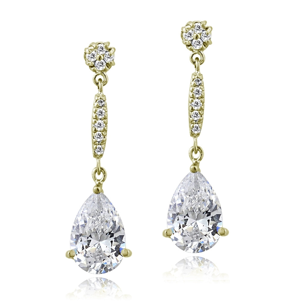 Yellow Gold Flashed Sterling Silver Cubic Zirconia Pear Cut 15mm Dangle Earrings